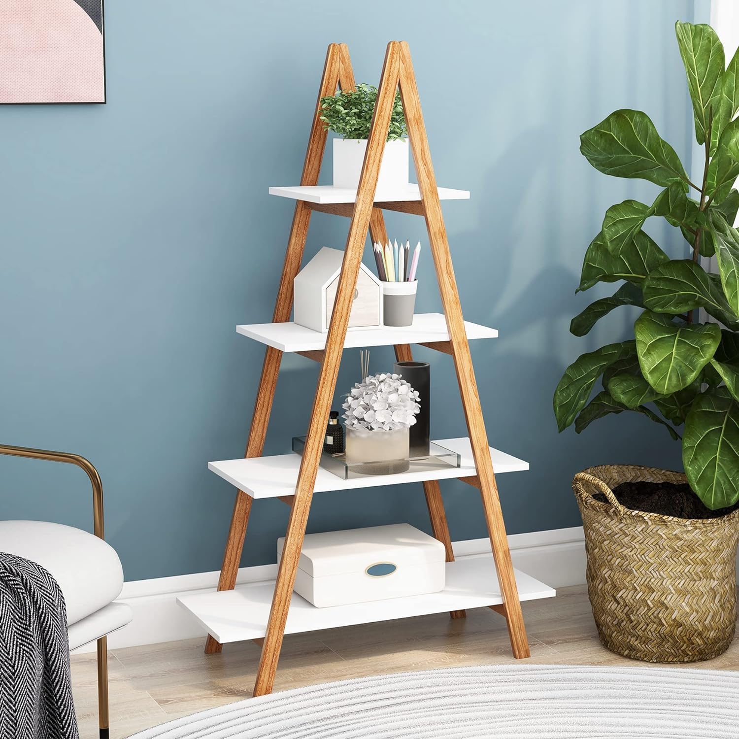 4 Tier Ladder Bookshelf Bookcase A Shaped Frame Bamboo Bookcases 4 LiviNest