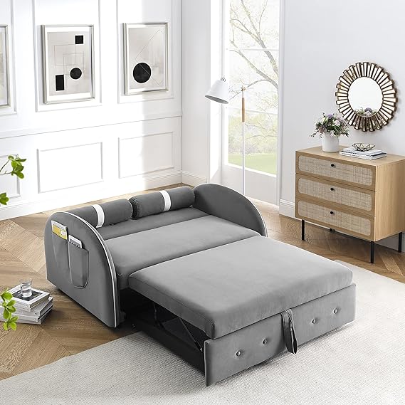 Pull-Out Sleep Sofa Bed - Adjustable Backrest Velvet Sofa Loveseat Bed Couch - 2 Seater Sleeper Sofa with Side Pocket and Lumbar Pillows for Living Room Bedroom Office Grey